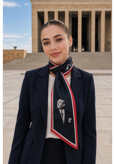 Tarzını Seç Atatürk Siyah Kırmızı Şeritli Atatürk Fotograflı Ve İmzalı 85x25cm Kravat / Eşarp / Fular