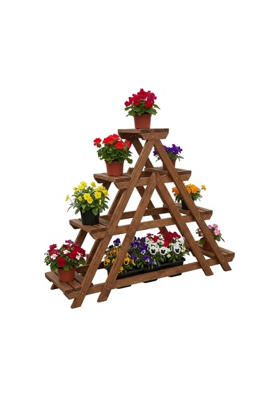Masif Ahşap 4 Katlı Merdiven Çiçeklik - Bahçe Balkon Standı 120x120 Cm Kahverengi