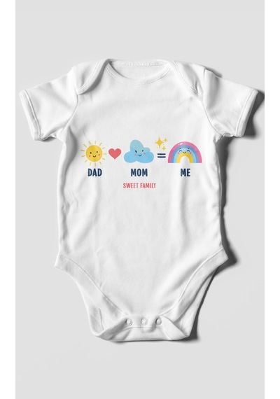 Morivokids Dad Mom Me Sweet Family Kısa Kollu Bebek Body %100 Pamuk Beyaz