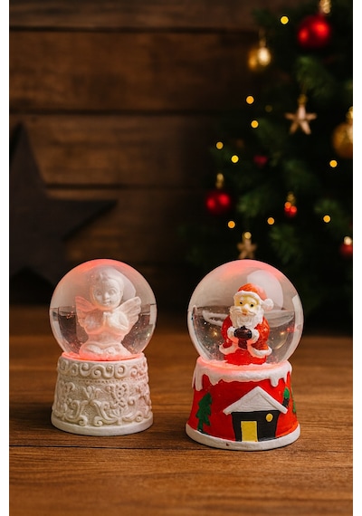 Ev Dekoru Yeni Yıl Huzuru Işıklı Santa Melek Figürlü Ve Noel Baba Temalı Kar Küresi 2'li Seti 6.5 Cm Çok Renkli