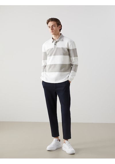 Lcw Vision Bej Polo Yaka Uzun Kollu Çizgili Erkek Sweatshirt
