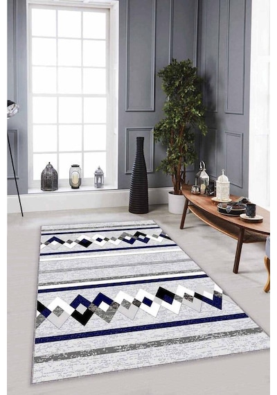 Lacivert Zigzag Kaymaz Taban Makinede Yıkanabilir Halı Rt08n11