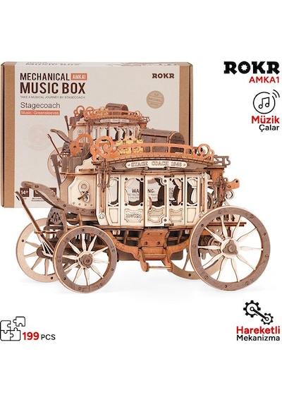 Rokr Amka1 Müzik Kutusu Stage Coach Music Box Dıy Mechanical 3d Wooden Puzzle Maket Model Seti 3d Model Kit Detaylı Dekoratif Hobi Seti Ahşap Maket Hareketli