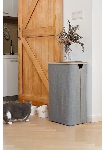 Mien Bambu Kenarlı Kumaş Katlanabilir 100 Lt Çamaşır Sepeti 44x33x70 Gri