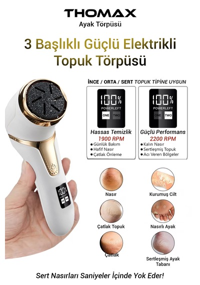 Thomax Şarjlı Topuk Nasır Giderici 2 Kademeli 3 Başlıklı Yıkanabilir Ayak Törpüsü Ayak Bakım Seti