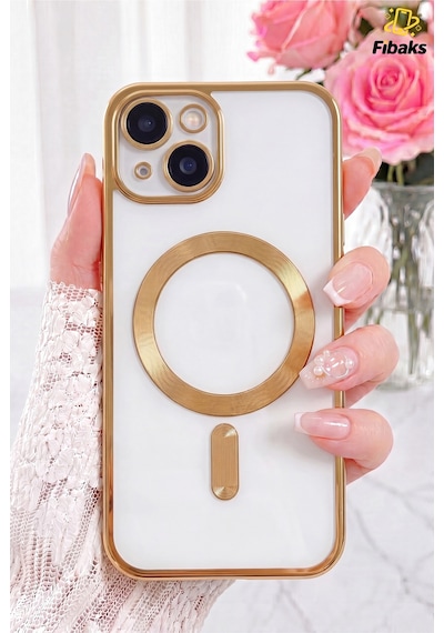 Fibaks iPhone 14 Plus/15 Plus Uyumlu Kılıf Kamera Lens Korumalı Magsafe Şarj Kilifi Şeffaf Renkli Yumuşak Gold