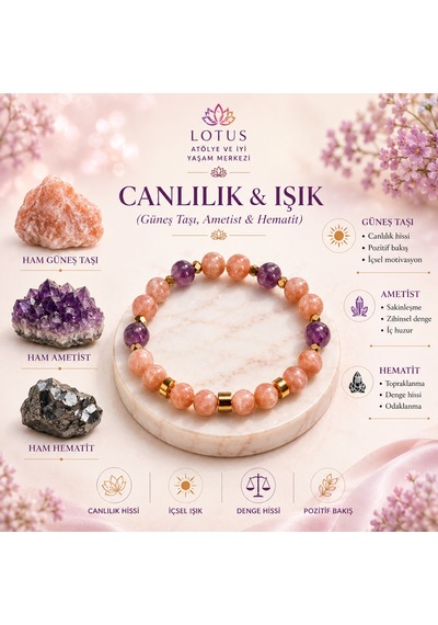 Canlılığın Işığı & Doğal Taş Bileklik Güneş Taşı, Ametist & Hematit Canlılık