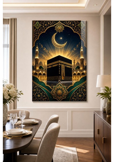 Kabe Ve Hilal Desenli Baskılı Cam Tablo Uv Baskı Dini Dekoratif Duvar Tablosu