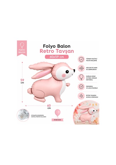 Pembe Retro Tavşan Folyo Balon 60x59 Cm Doğum Günü Baby Shower Parti Süsü Dekorasyonu Çok Renkli