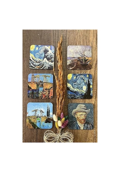 Van Gogh Temalı Ahşap Bardak Altlığı, 6'lı Set 9x9cm 124-Pembe