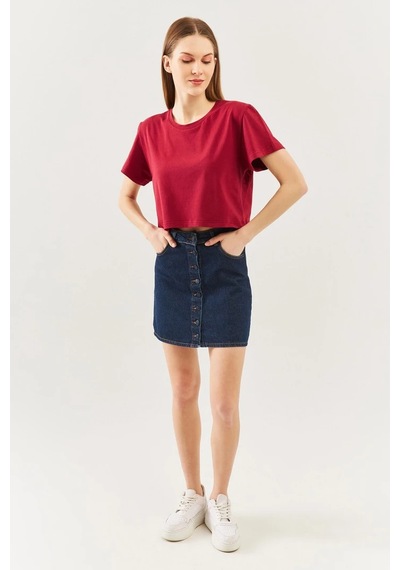 Kadın Rahat %100 Pamuklu Penye Bisiklet Yaka Kısa Kol Basic Crop T-shirt Bordo