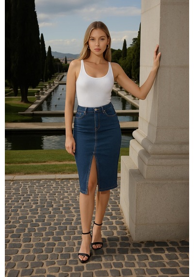 Banny Jeans Önden Yırtmaçlı Likralı Midi Jean Etek Koyu Mavi