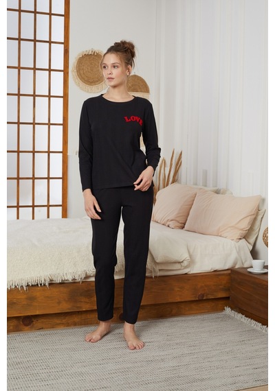 Siyah İnci Love Nakışlı Fitilli Örme Pijama Takım25226001 Siyah
