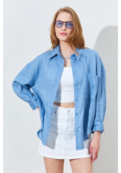 Manche %100 Saf Keten Yıkamalı Lüx Tek Cep Oversize Kadın Gömlek Mks169571-01 Bebe Mavi Manche %100 Saf Keten Yıkamalı Lüx Tek Cep Oversize Kadın Gömlek Mks169571-01 Bebe Mavi