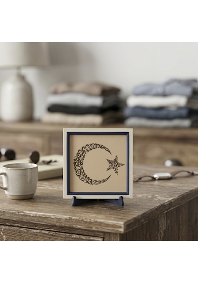 Özel Hilal Tasarımlı Kelime-i Tevhid Objesi, Modern Dekorasyon İçin Şık Masaüstü Aksesuarı 10x10 Cm