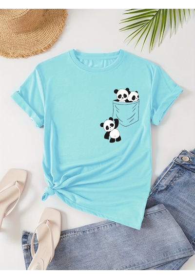 Uyguntarz Unisex Cep Panda Baskılı Tasarım Tshirt Bebe Mavisi