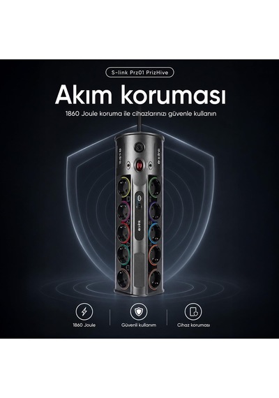 Prz01 Prizhive 3 Metre 1860 Joule 1.5mm 1 Usb 1 Typec 2.1a/5v 16a 250v 3680w 10lu Akım Korumalı Priz Diğer