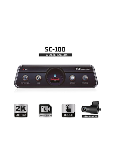 Sentinel Sc-100 2k Ahd Çift Kameralı Araç İçi Dikiz Aynası Kamera Wi-fi, G-sensor, Gece Görüş, Dokunmatik Ekran