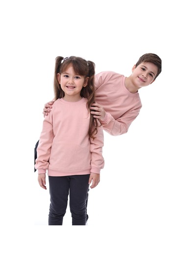 Basic Bisiklet Yaka Şardonlu Çocuk Sweatshirt 3-10 Yaş Pudra Pudra