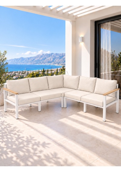 Neokas L Köşe Takımı 5 Kişilik, Metal Balkon Bahçe Ve Teras Koltuk Takımı Beyaz