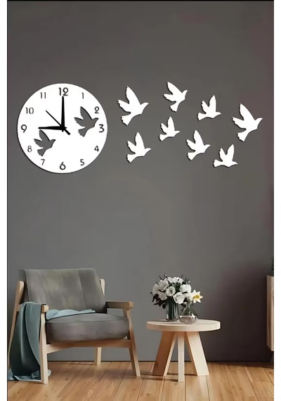 Kuş Modern Dekoratif Dekor Duvar Saay Beyaz