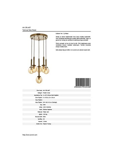 Av-60216-6et Eskitme Kaplama Modern Avize, E27, Metal, Cam, 50cm Genel