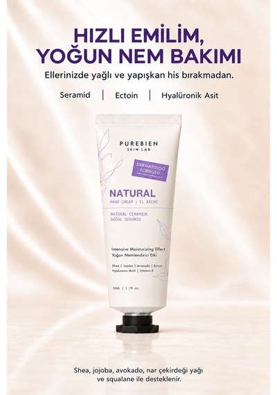 Purebien Skin Lab Natural El Kremi Seramid, Ectoin Ve Hyalüronik Asit İçeren Yoğun Nem Bakımı 50 Ml Diğer
