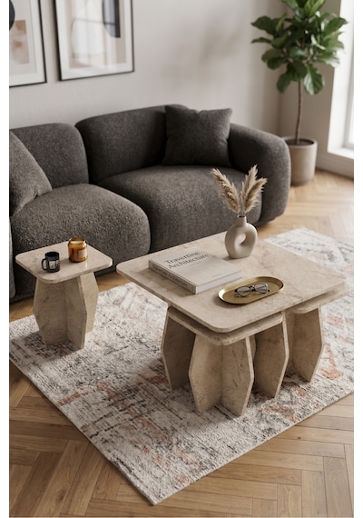 Vaveni Orta Sehpa Ve Zigon Sehpa 5'li Set Modern Çok Amaçlı Salon Oturma Odası Yan Sehpa 9249 Traverten Arz