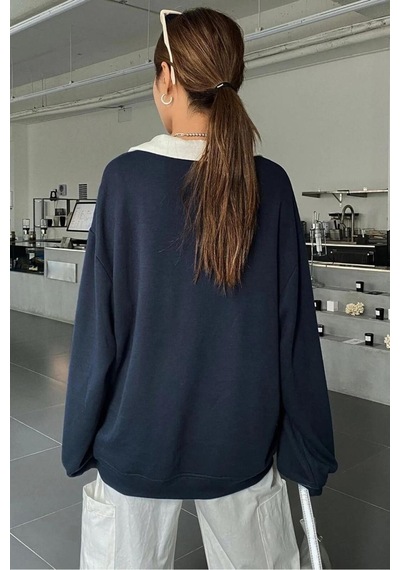 Nimas Kadın Oversize Polo Yaka 3 İplik Şardonlu Sweatshirt Lacivert - 675774194 Lacivert