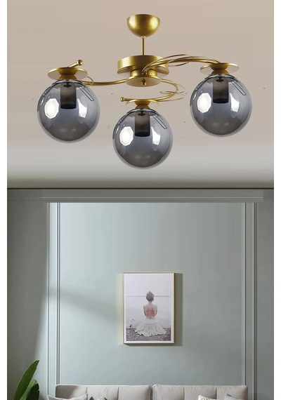 Modern Ilay Eskitme Gold Boyal Füme Kapalı Camlı 3lü Camlı Avize Siyah