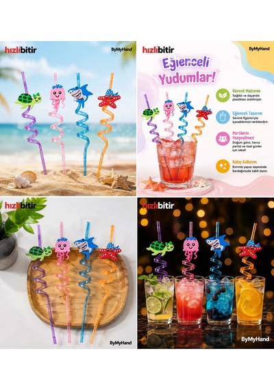 Bymyhand Plastik Kıvrımlı Renkli Karışık Figürlü 4'lü Pipet Set Karışık Renk Ve Model Çok Renkli