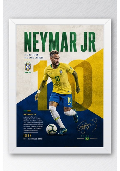 Neymar Brezilya Çerçeveli Tablo Premium Futbolcu Tabloları Lüks Salon Duvar Dekorasyonu Beyaz