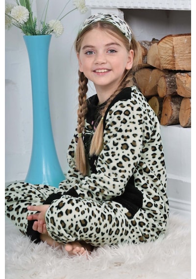 Kız Çocuk Leopar Desenli Göz Bantlı Peluş Polar Pijama Takımı Siyah