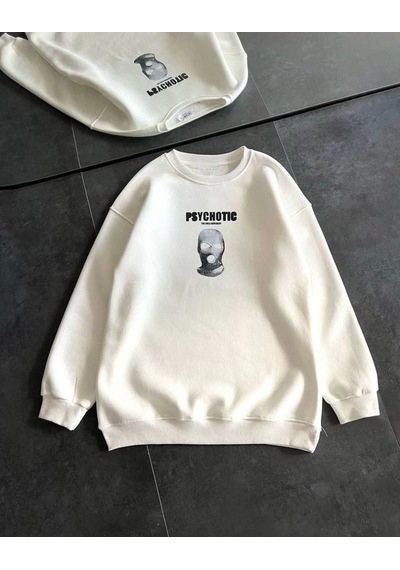 Kadın 3 İplik Kışlık Bisiklet Yaka Baskılı Sweatshirt - Beyaz