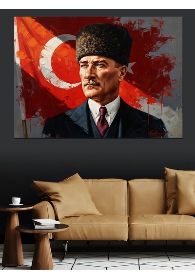 Bayrak Önünde Atatürk Portre Sanatı Dekoratif Kanvas - Mdf Ahşap Tablo