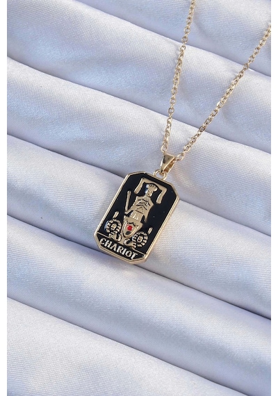 316l Çelik Zincir Altın Renk Siyah Mineli Tarot Kolye Çok Renkli