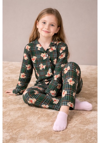 Beka Kids Yeşil Ekose Ve Ayıcık Desenli Uzun Kollu Önden Düğmeli Gömlek Yaka Kız Çocuk Mevsimik Pijama Takımı Beka Kids Yeşil Ekose Ve Ayıcık Desenli Uzun Kollu Önden Düğmeli Gömlek Yaka Kız Çocuk Mevsimik Pijama Takımı