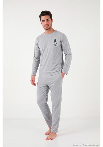 Buratti Minimal Baskılı Pamuklu Uzun Kollu Pijama Takımı Erkek Pijama Takımı 6575005 Gri Melanj