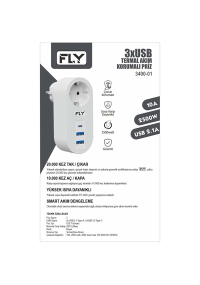 Fly 3400-01 Akım Korumalı 3 Usb Çıkış Hızlı Şarjlı Topraklı Priz Diğer