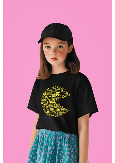 Sevbano Unisex Tasarım Pacman Baskılı Oyun Çocuk Tişört 1-12 Yaş Siyah