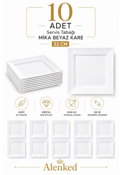 Servis Tabağı 22cm Kare Beyaz Mika 10'lu