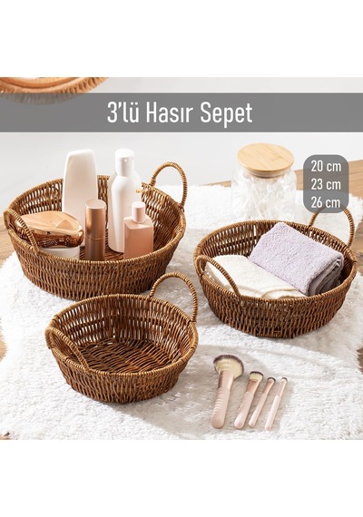 Tr 304-c Yuvarlak 3'lü Hasır Sepet Dekoratif Ev Düzenleyici Kendinden Kulplu Hasır Sepet Seti Banyo Düzenleyici Sep Genel