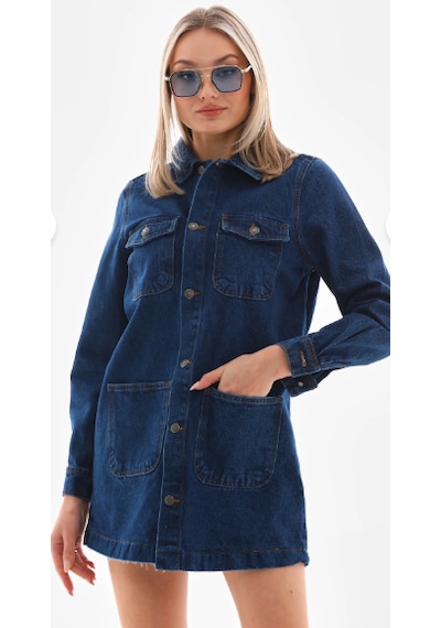 Eseclass Kadın Koyu Mavi Çift Cepli Uzun Denim Ceket - Düğmeli Kot Ceket Tunik
