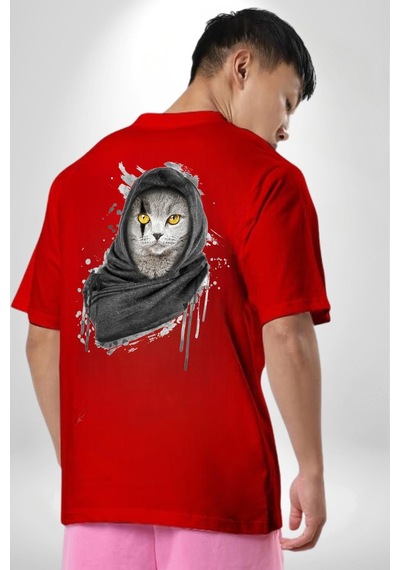 Safari Kedi Şal Eşarp Kırmızı Oversize Unisex Ön Ve Sırt Baskılı Tişört Kırmızı