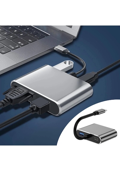 4 Ü 1 Arada Type-c To Hub Dönüştürücü Adaptör 4k Ultra Hd Hdmı & Vga Görüntü Aktarımı, Pd Hızlı Şa