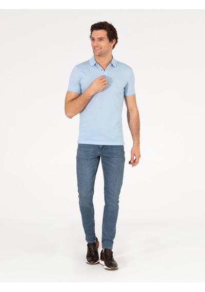Buz Mavisi Polo Yaka Slim Fit Basic Merserize T-shirt Acık Mavı