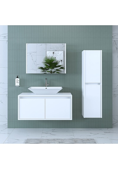 Banos Banyo Roomart Lavabolu Mat Beyaz Mdf 100Cm Banyo Dolabı+Ayn Mat Beyaz