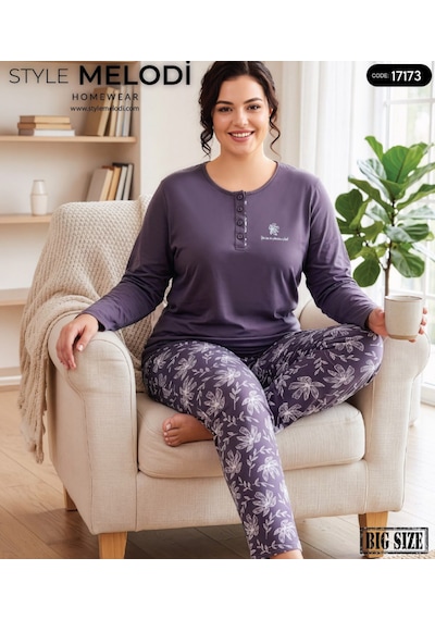 Melodi 17173 Uzun Kol %100 Pamuk Battal Büyük Beden Kadın Pijama Takımı Mor