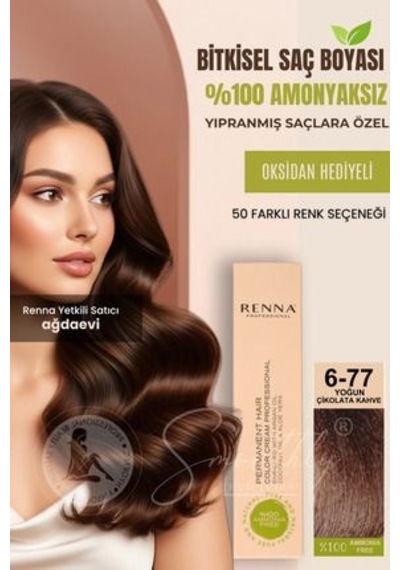 Renna Amonyaksız Bitkisel Yıpranmış Saçlar İçin Saç Boyası 6-77 Yoğun Çikolata Kahve 60ml