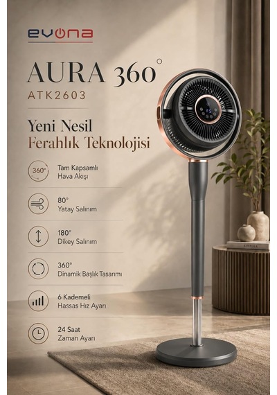 Aura 360, 6 Kademeli Hız Ayarlı Akıllı Vantilatör, 360 Derece Salınım / 80 Yatay Salınım, 180 Dikey Salın